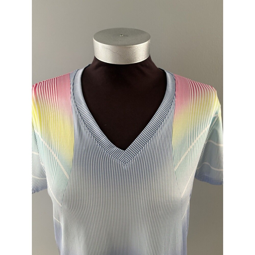 Lucky In Love Shirt Womens M Blue White Stripe Rainbow Tennis Golf Pickleball